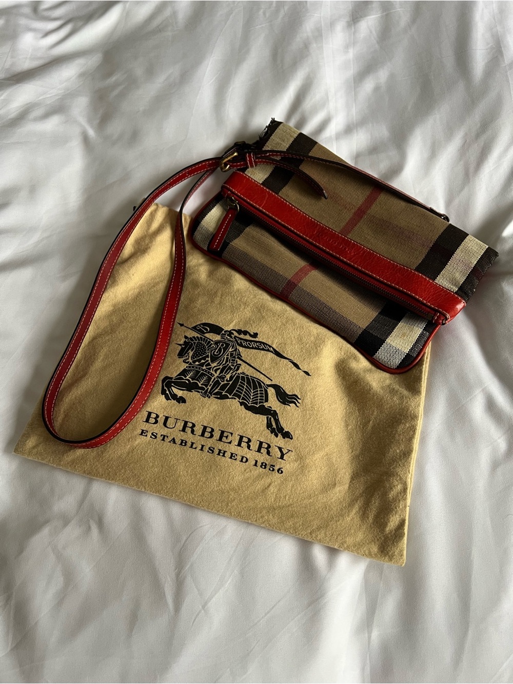 Burberry Check Canvas Crossbody with Red Leather Trim